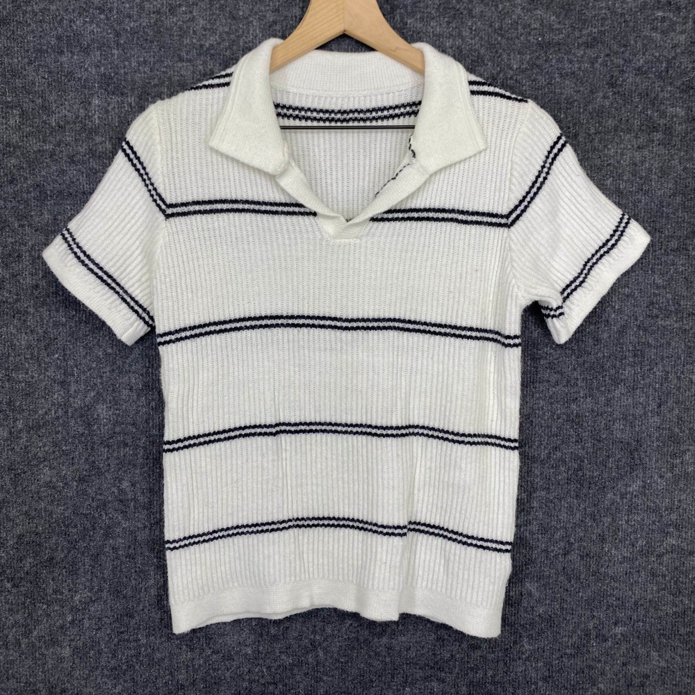 SUMWON White Striped Ribbed Knit Polo Short Sleeve Sweater Small 4417750